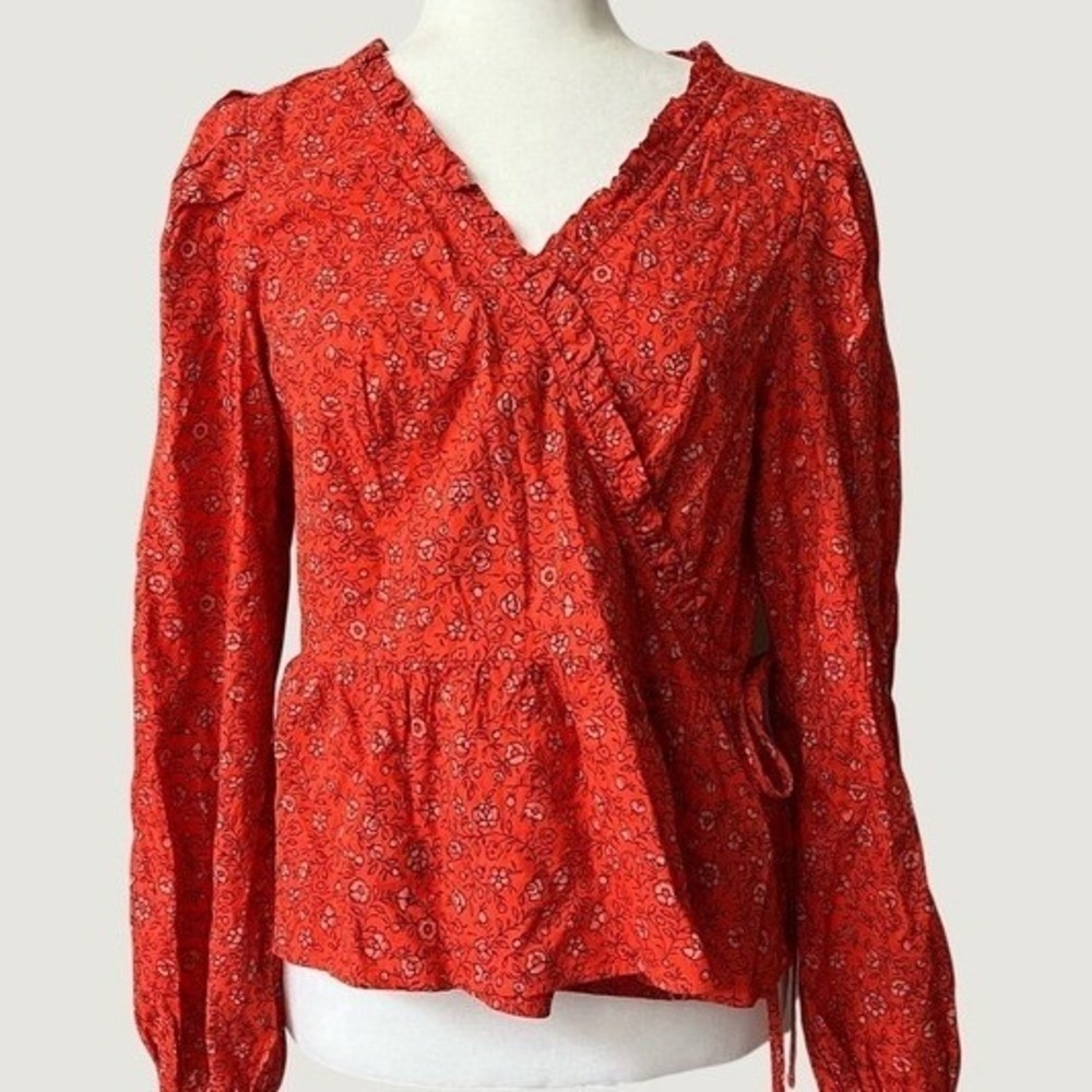 Universal Thread Floral Ruffle Trim Wrap Blouse Womens Medium Orange V Neck Fall